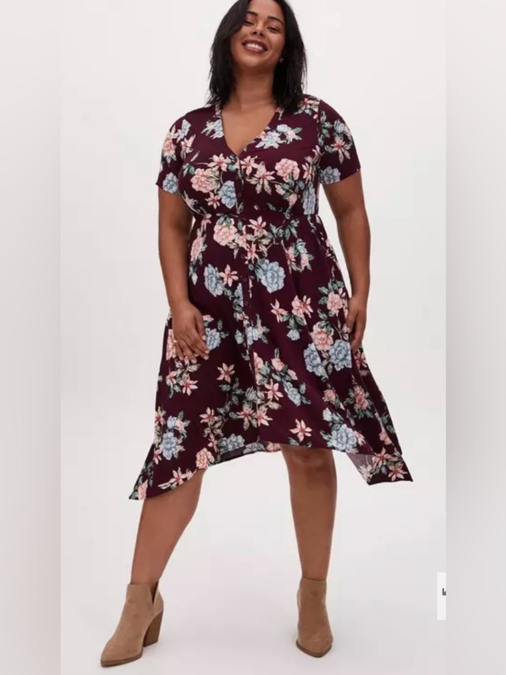 Torrid Burgundy Floral Sharkbite Midi Dress Size 1 | Pockets